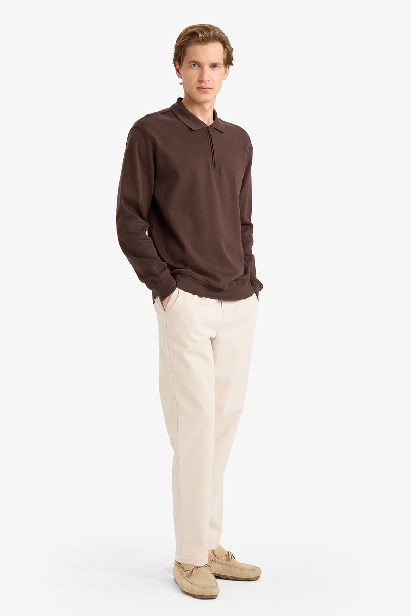 DeFacto Brown Man Regular Fit Polo Collar Sweatshirt with Half Zip Casual - Image 2